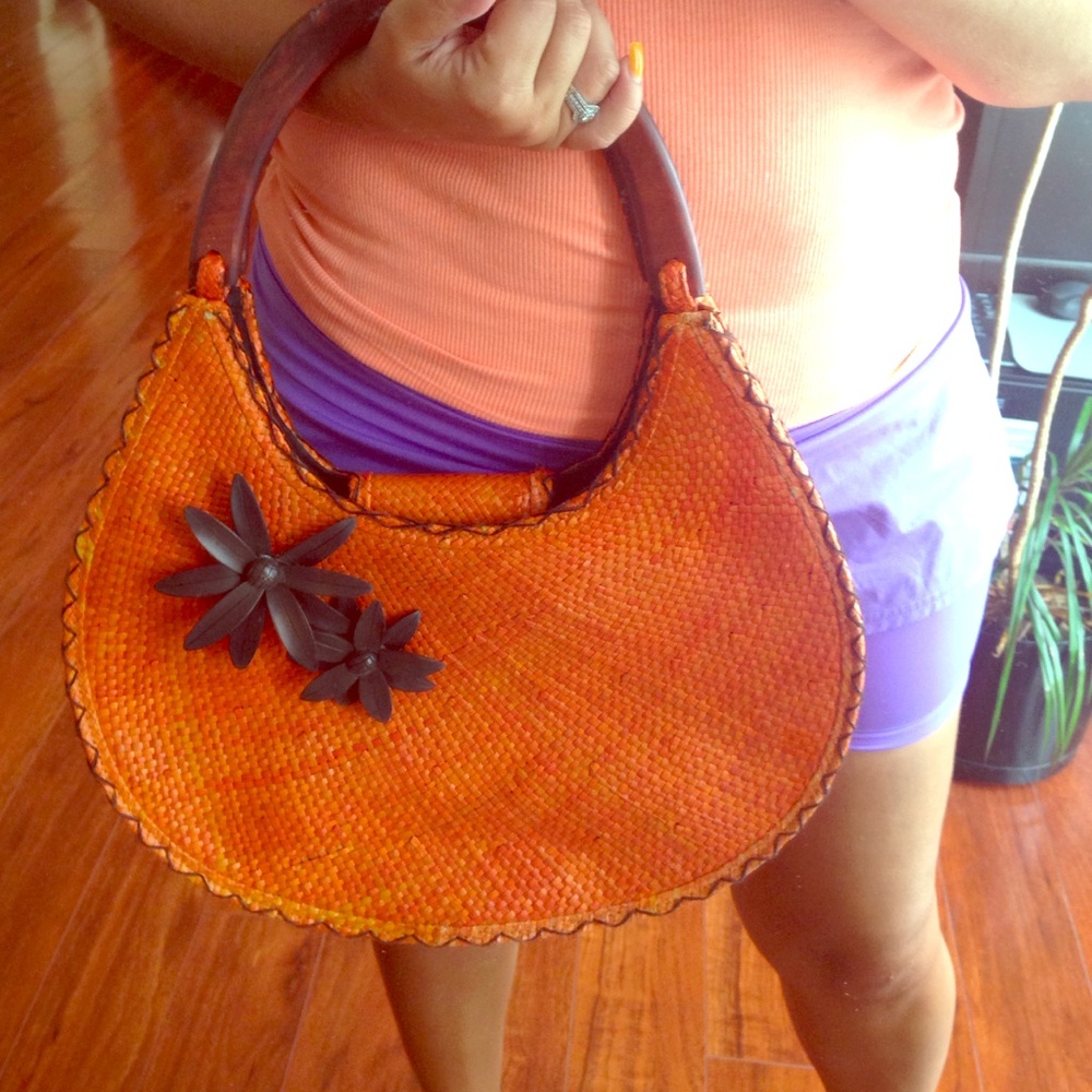Orange brown straw wicker wood bag purse tote